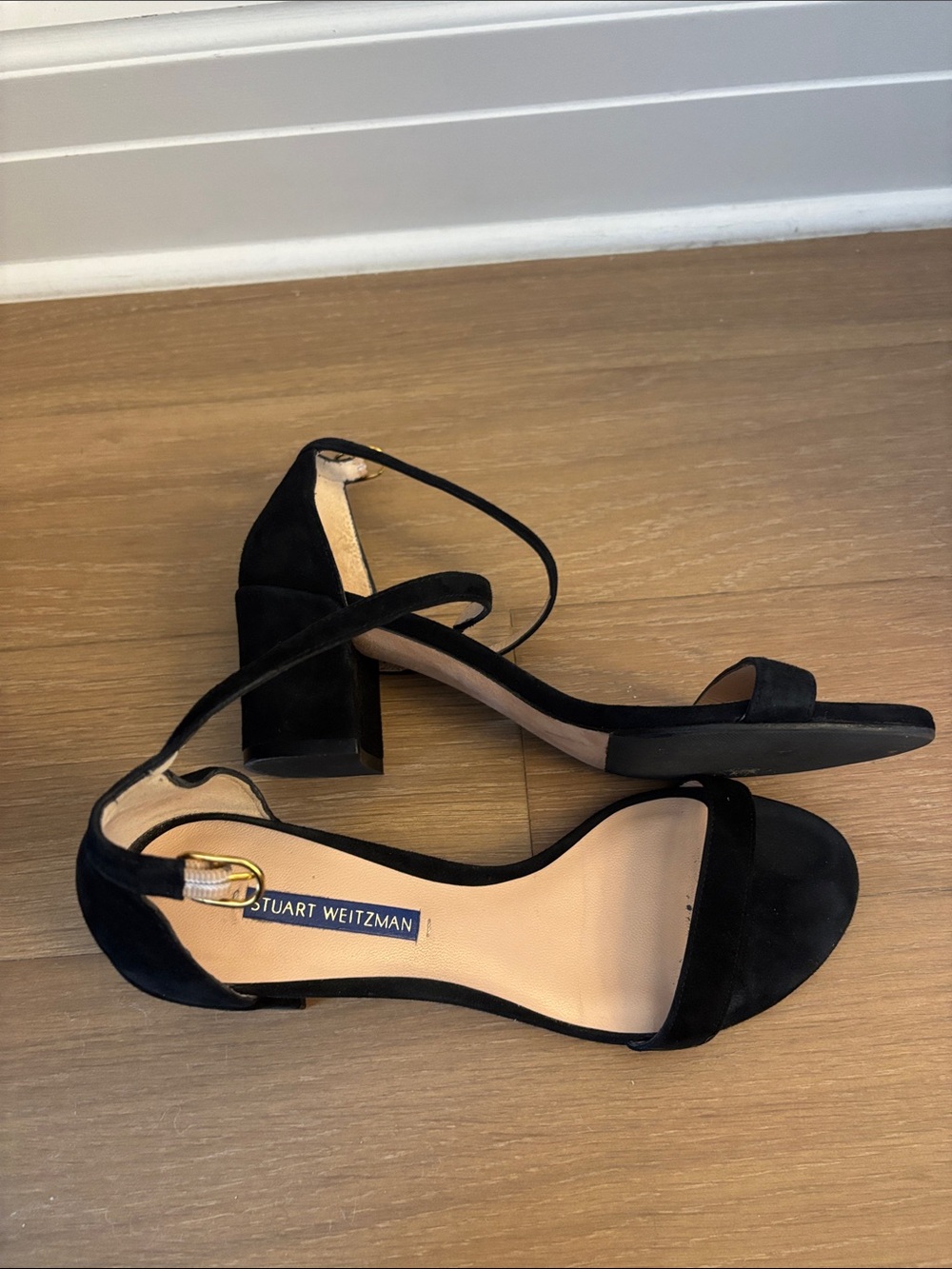 Stuart Weitzman Black Suede Ankle-Strap Block Heels